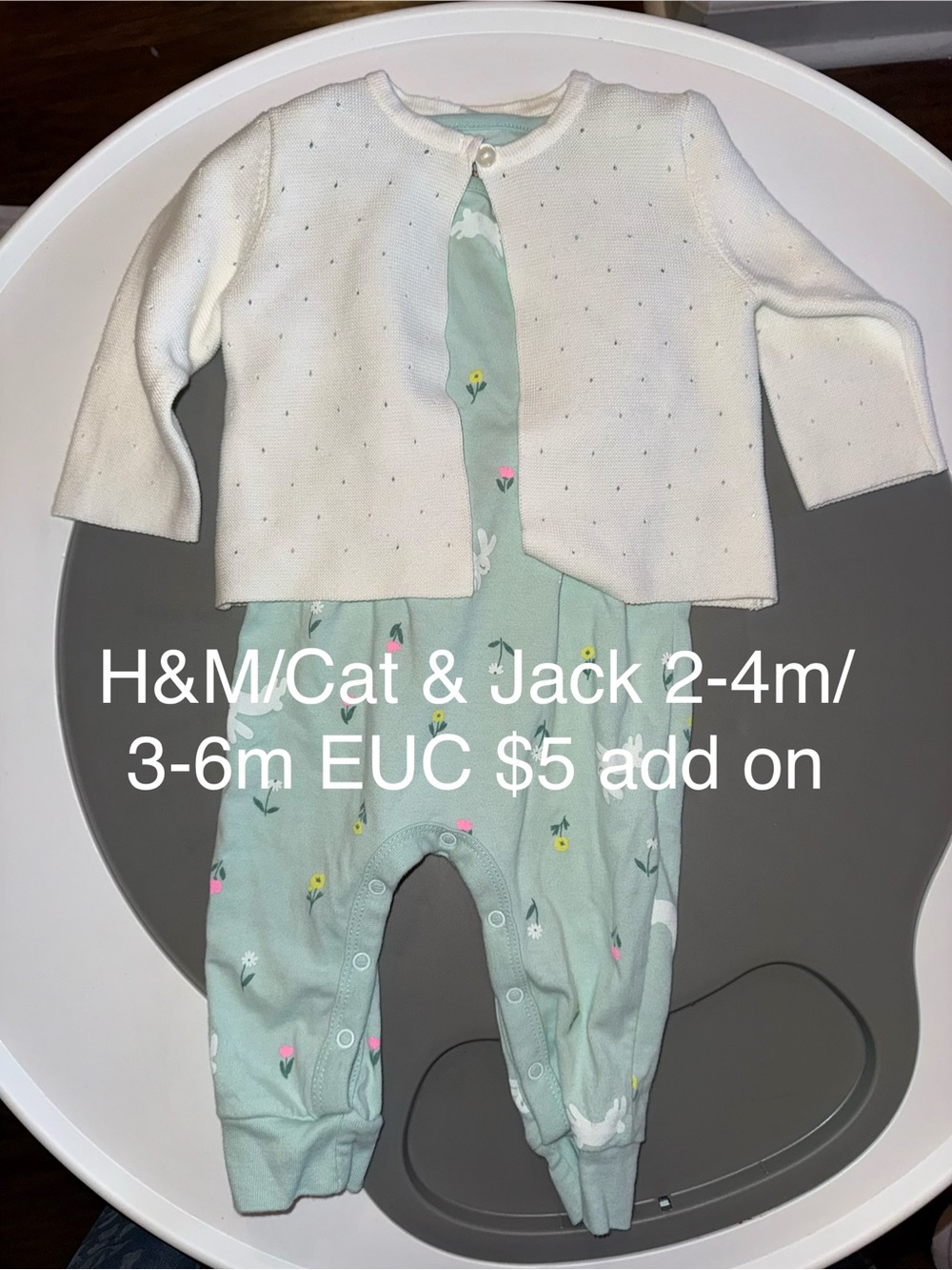 H&M White Knit Cardigan with Cat & Jack Mint Bunny Floral Romper